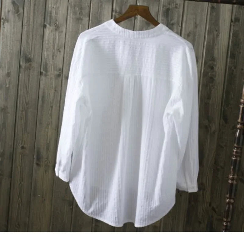 New Spring Summer Causal White Women Shirts V-neck Loose 100% Cotton Office Lady Elegant Double Pocket Blouse Shirts Tops