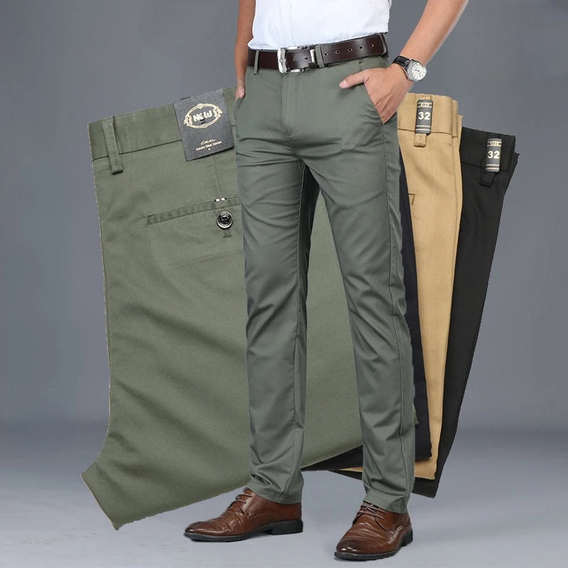 Calça casual de algodão reto masculina, verde, preta, caqui, roupa de marca, 2024