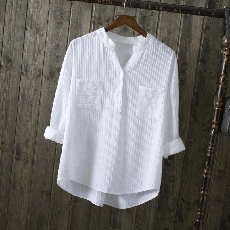 New Spring Summer Causal White Women Shirts V-neck Loose 100% Cotton Office Lady Elegant Double Pocket Blouse Shirts Tops