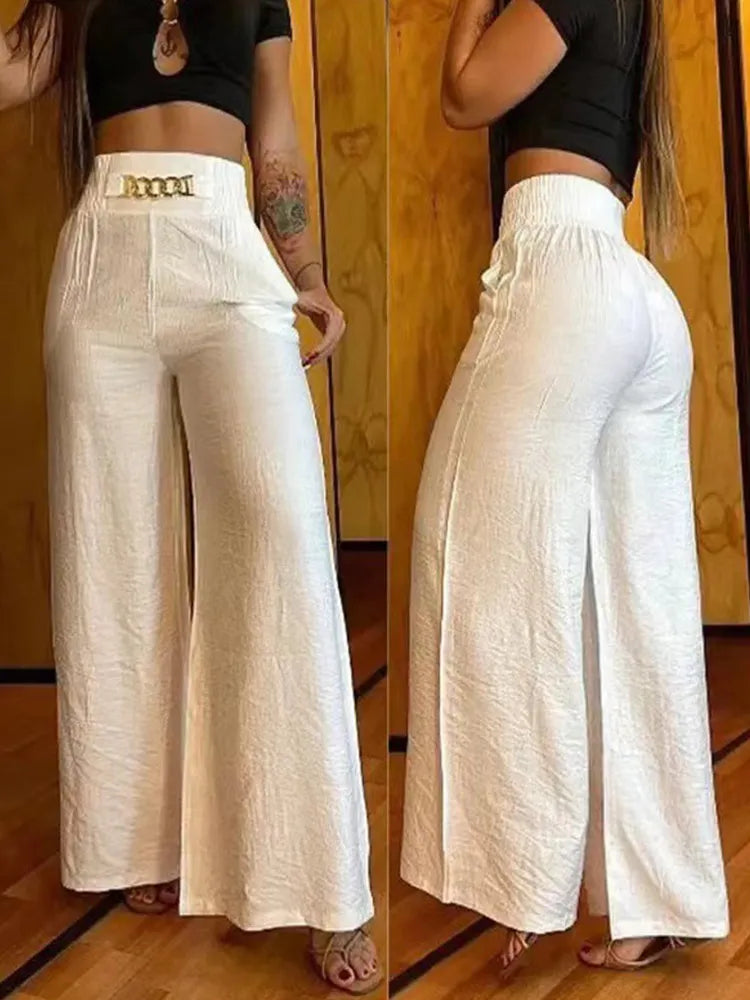 Calça de perna larga, cintura alta,chique elegante, moda