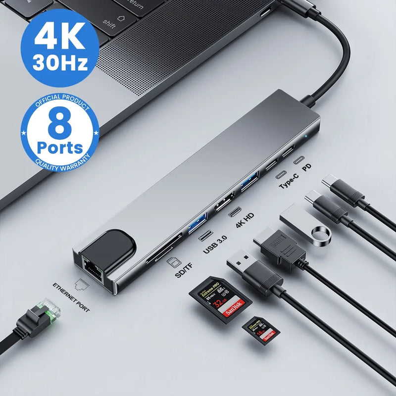 Divisor USB Tipo C HUB, Adaptador Laptop, Macbook Air M1, iPad Pro, RJ45, HDMI